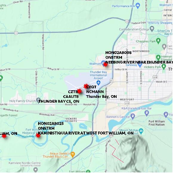 map at zoomlvl 10x10 kilometres for Thunder Bay