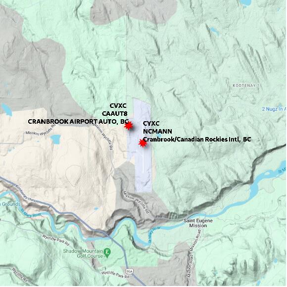 map at zoomlvl 10x10 kilometres for Cranbrook/Canadian Rockies Intl