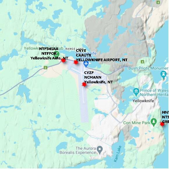map at zoomlvl 10x10 kilometres for Yellowknife