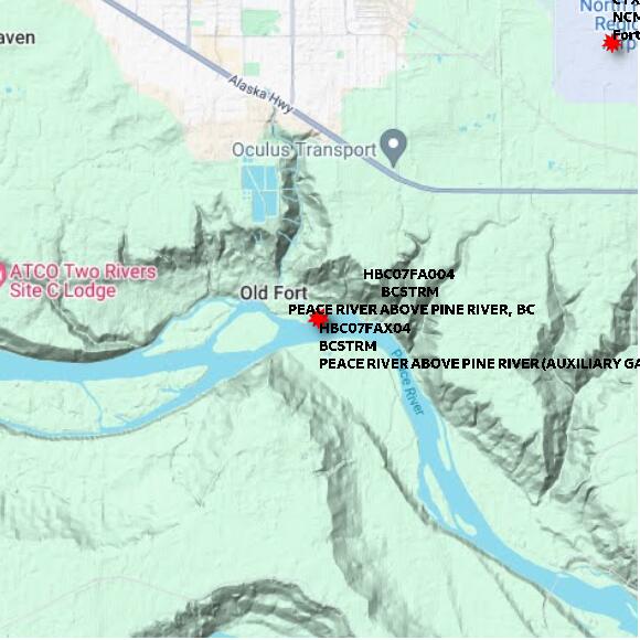 map at zoomlvl 10x10 kilometres for PEACE RIVER ABOVE PINE RIVER (AUXILIARY GAUGE)