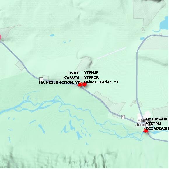 map at zoomlvl 10x10 kilometres for Haines Junction