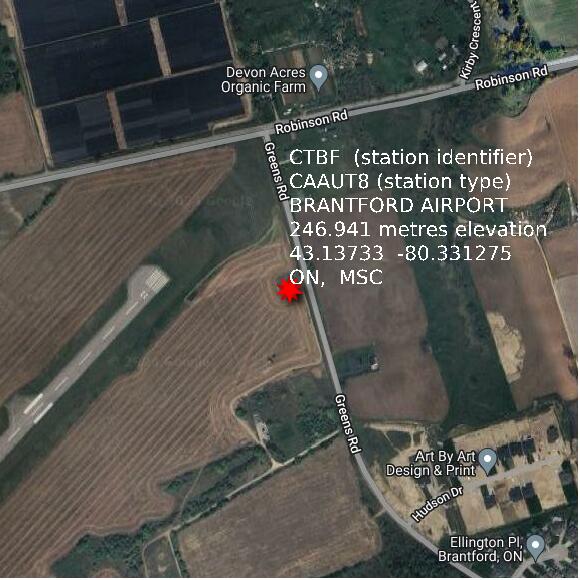 map at zoomlvl 1x1 kilometres for BRANTFORD AIRPORT