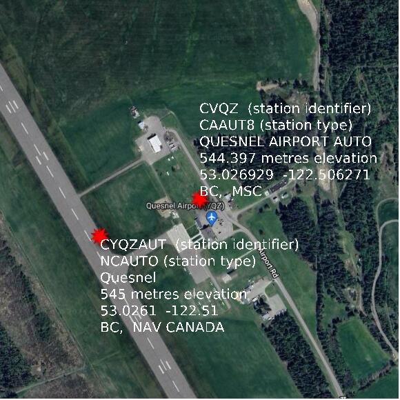 map at zoomlvl 1x1 kilometres for QUESNEL AIRPORT AUTO