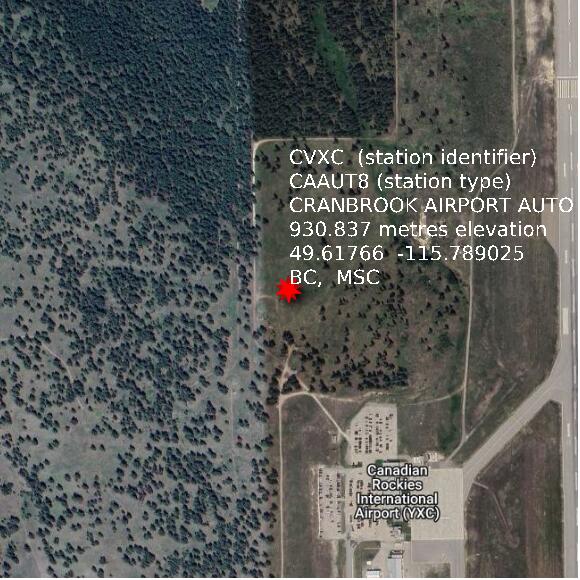 map at zoomlvl 1x1 kilometres for CRANBROOK AIRPORT AUTO