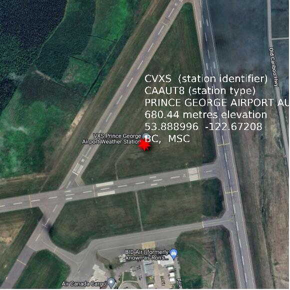 map at zoomlvl 1x1 kilometres for PRINCE GEORGE AIRPORT AUTO