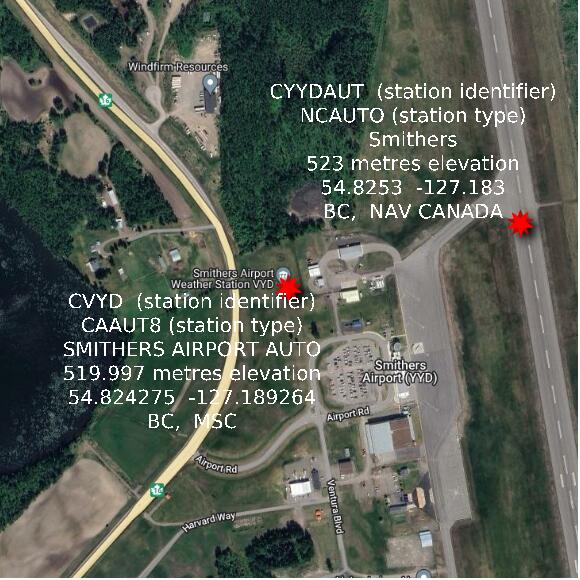 map at zoomlvl 1x1 kilometres for SMITHERS AIRPORT AUTO