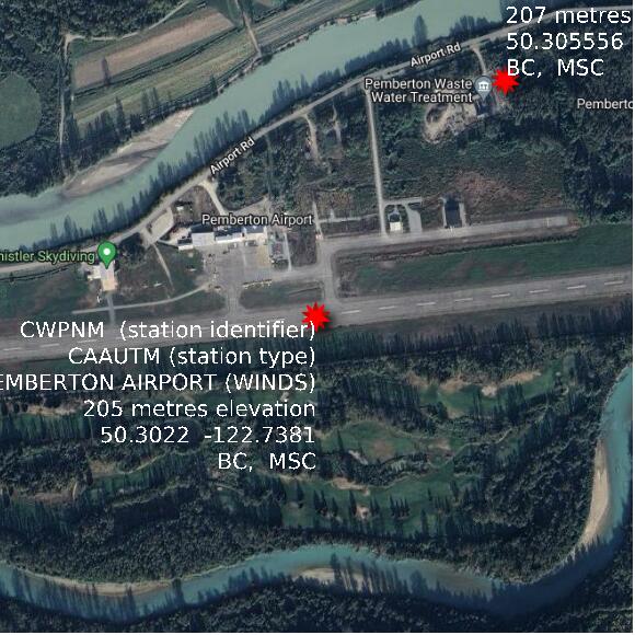 map at zoomlvl 1x1 kilometres for PEMBERTON AIRPORT (WINDS)
