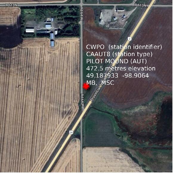 map at zoomlvl 1x1 kilometres for PILOT MOUND (AUT)