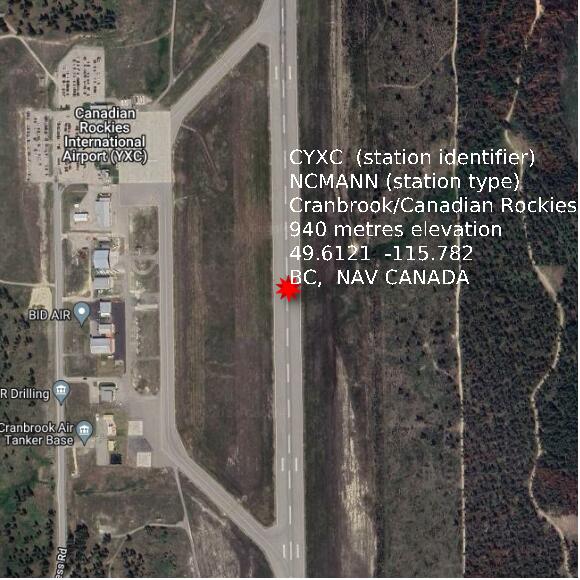 map at zoomlvl 1x1 kilometres for Cranbrook/Canadian Rockies Intl
