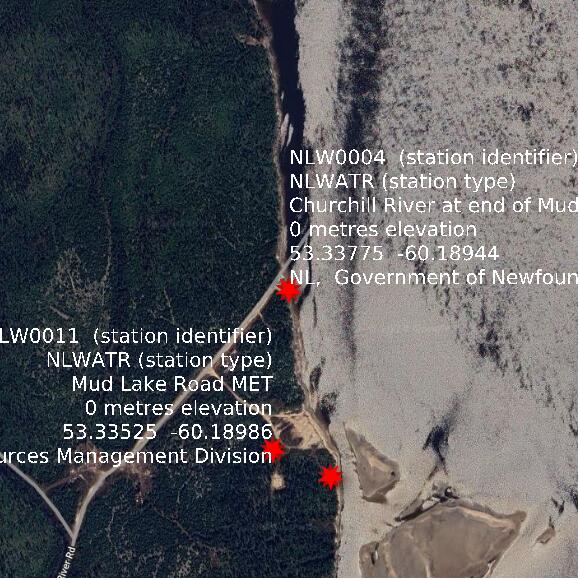 map at zoomlvl 1x1 kilometres for Churchill River at end of Mud Lake Road