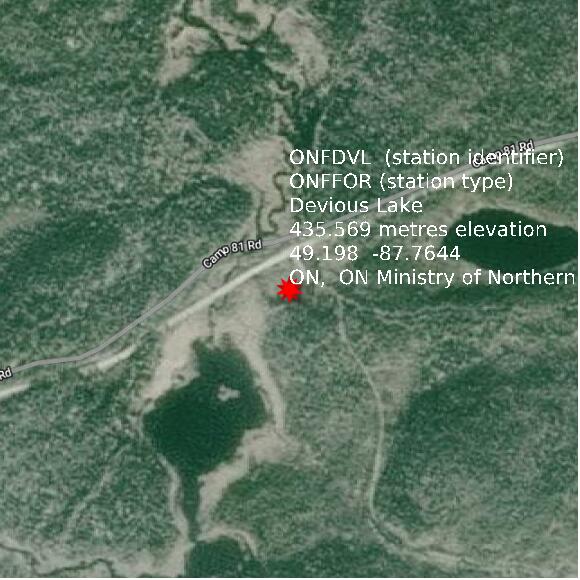 map at zoomlvl 1x1 kilometres for Devious Lake