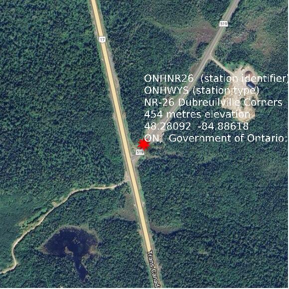 map at zoomlvl 1x1 kilometres for NR-26 Dubreuilville Corners