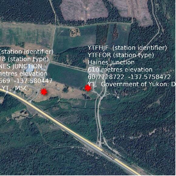 map at zoomlvl 1x1 kilometres for Haines Junction