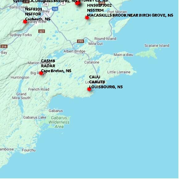 map at zoomlvl 60x60 kilometres for LOUISBOURG