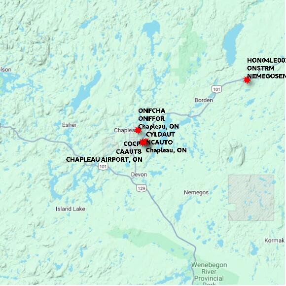 map at zoomlvl 60x60 kilometres for CHAPLEAU AIRPORT
