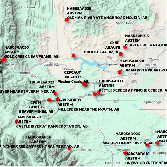 map at zoomlvl 60x60 kilometres for PINCHER CREEK CLIMATE