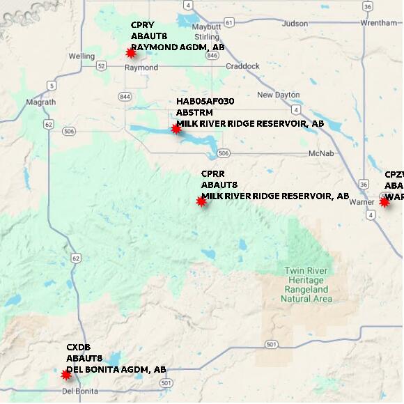 map at zoomlvl 60x60 kilometres for MILK RIVER RIDGE RESERVOIR