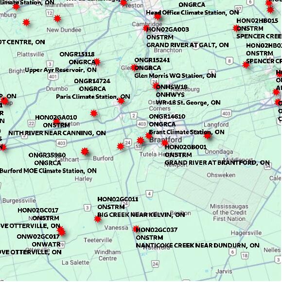 map at zoomlvl 60x60 kilometres for BRANTFORD AIRPORT
