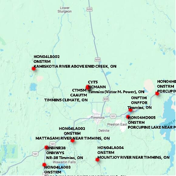 map at zoomlvl 60x60 kilometres for TIMMINS CLIMATE