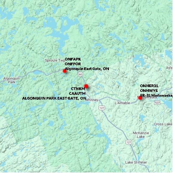 map at zoomlvl 60x60 kilometres for ALGONQUIN PARK EAST GATE
