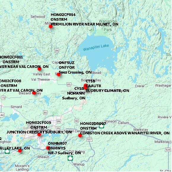 map at zoomlvl 60x60 kilometres for SUDBURY CLIMATE