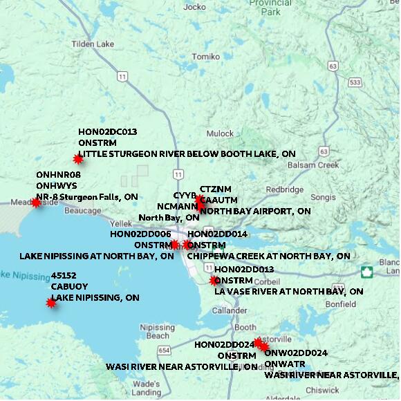 map at zoomlvl 60x60 kilometres for NORTH BAY AIRPORT