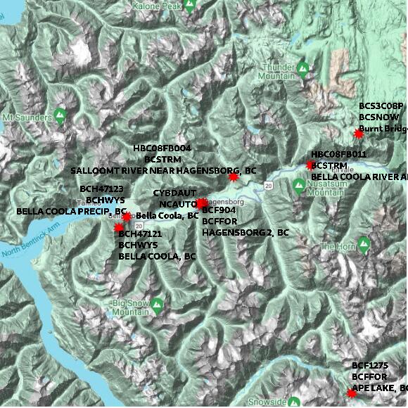 map at zoomlvl 60x60 kilometres for BELLA COOLA AIRPORT