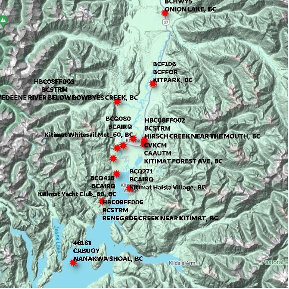 map at zoomlvl 60x60 kilometres for KITIMAT FOREST AVE