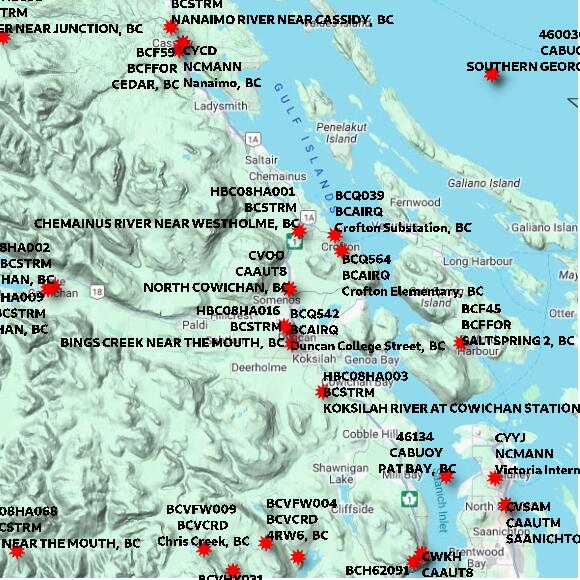 map at zoomlvl 60x60 kilometres for NORTH COWICHAN