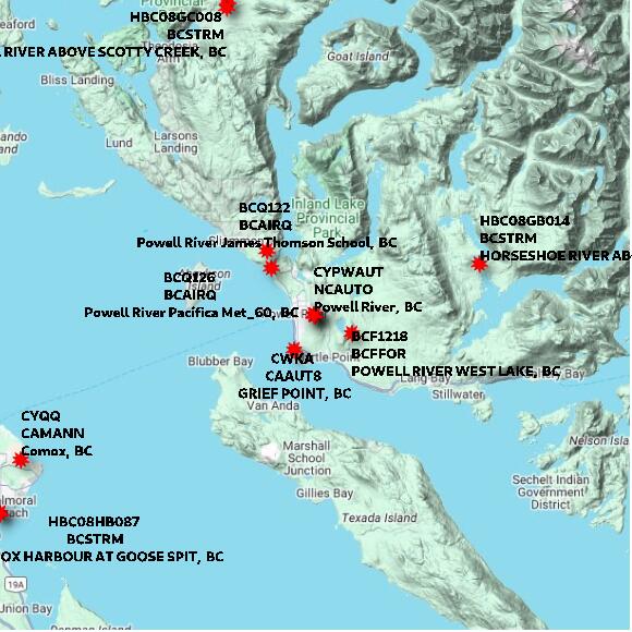 map at zoomlvl 60x60 kilometres for POWELL RIVER