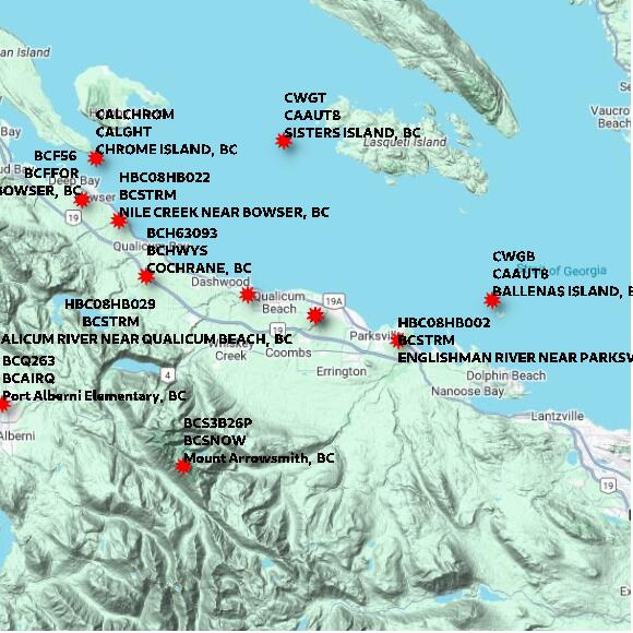 map at zoomlvl 60x60 kilometres for QUALICUM BEACH AIRPORT