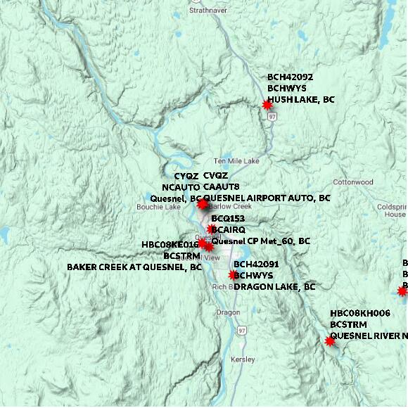 map at zoomlvl 60x60 kilometres for QUESNEL AIRPORT AUTO