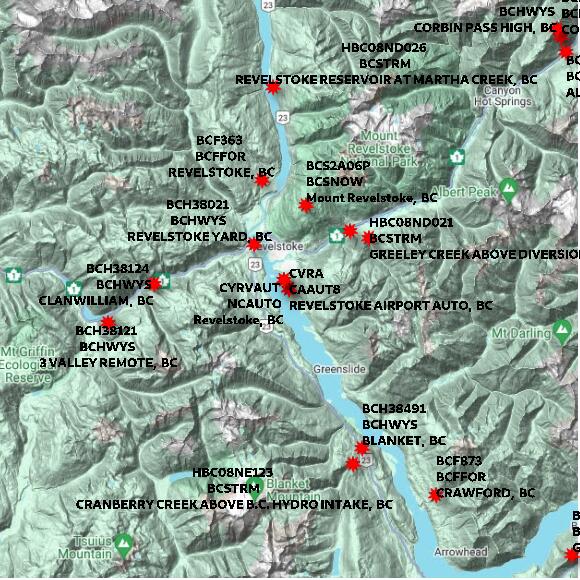 map at zoomlvl 60x60 kilometres for REVELSTOKE AIRPORT AUTO