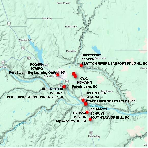 map at zoomlvl 60x60 kilometres for FORT ST JOHN AIRPORT