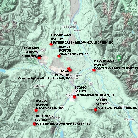 map at zoomlvl 60x60 kilometres for CRANBROOK AIRPORT AUTO