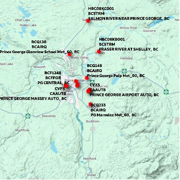 map at zoomlvl 60x60 kilometres for PRINCE GEORGE AIRPORT AUTO