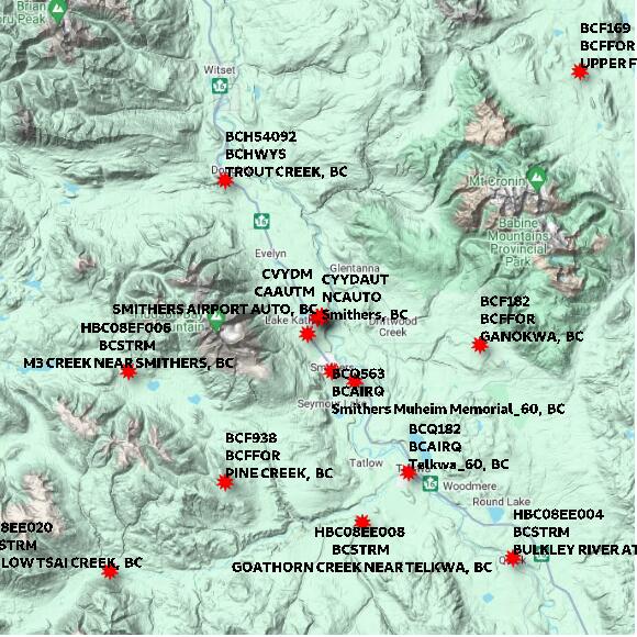 map at zoomlvl 60x60 kilometres for SMITHERS AIRPORT AUTO