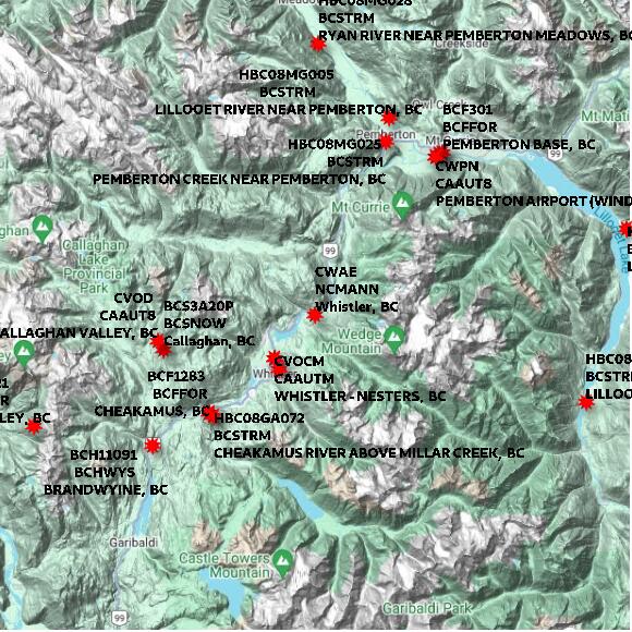 map at zoomlvl 60x60 kilometres for Whistler