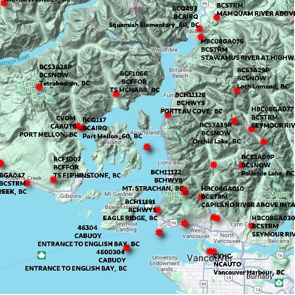map at zoomlvl 60x60 kilometres for HOWE SOUND - PAM ROCKS