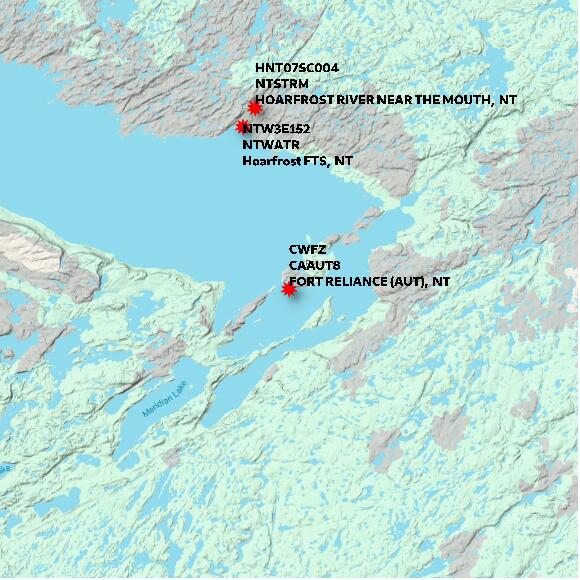 map at zoomlvl 60x60 kilometres for FORT RELIANCE (AUT)