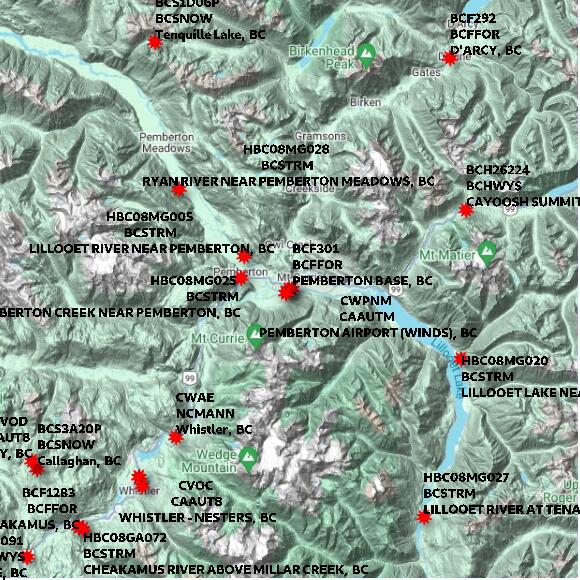 map at zoomlvl 60x60 kilometres for PEMBERTON CS