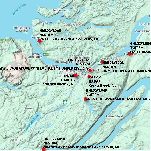 map at zoomlvl 60x60 kilometres for CORNER BROOK