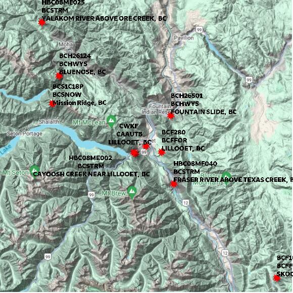 map at zoomlvl 60x60 kilometres for LILLOOET