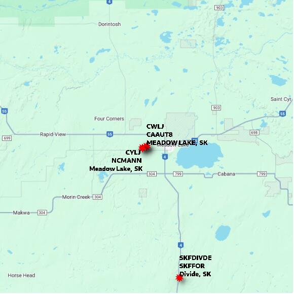 map at zoomlvl 60x60 kilometres for MEADOW LAKE