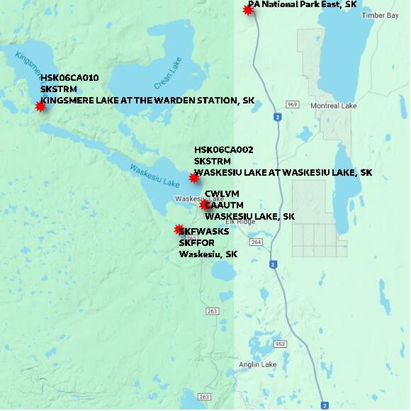 map at zoomlvl 60x60 kilometres for WASKESIU LAKE