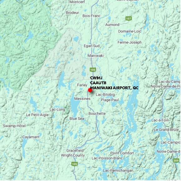 map at zoomlvl 60x60 kilometres for MANIWAKI AIRPORT