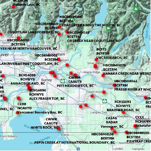 map at zoomlvl 60x60 kilometres for PITT MEADOWS CS