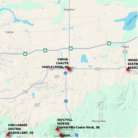 map at zoomlvl 60x60 kilometres for MAPLE CREEK