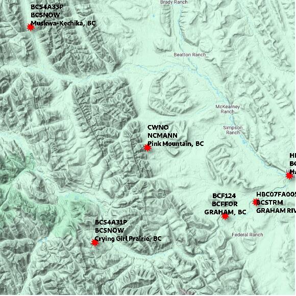 map at zoomlvl 60x60 kilometres for Pink Mountain