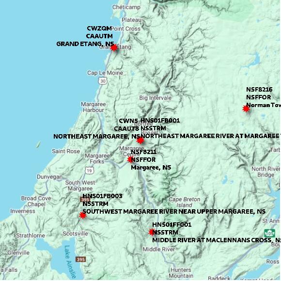 map at zoomlvl 60x60 kilometres for NORTHEAST MARGAREE